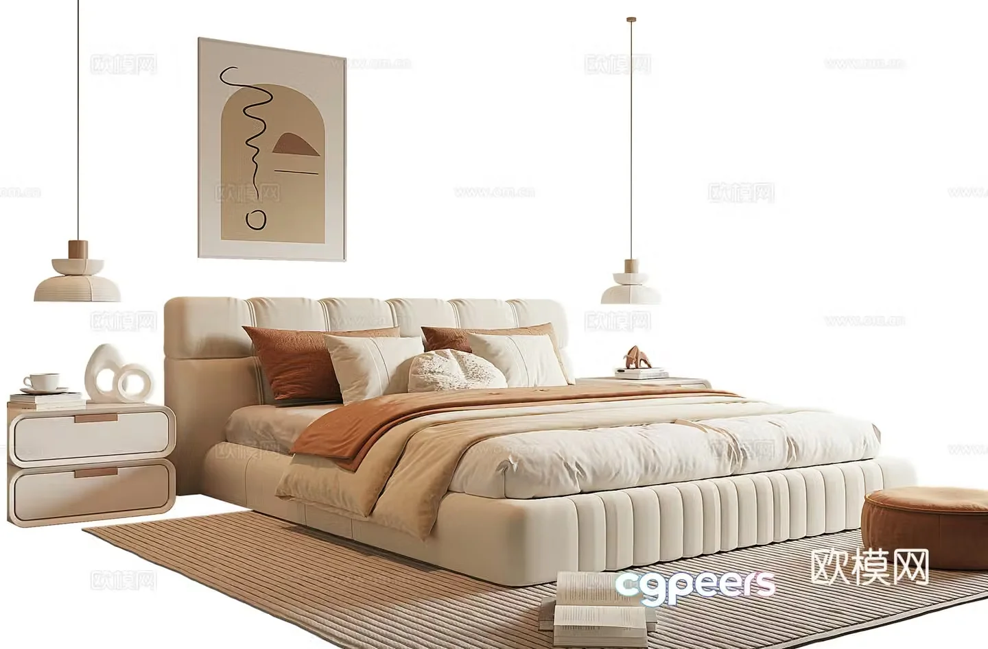 Modern cream style double bed 3d model