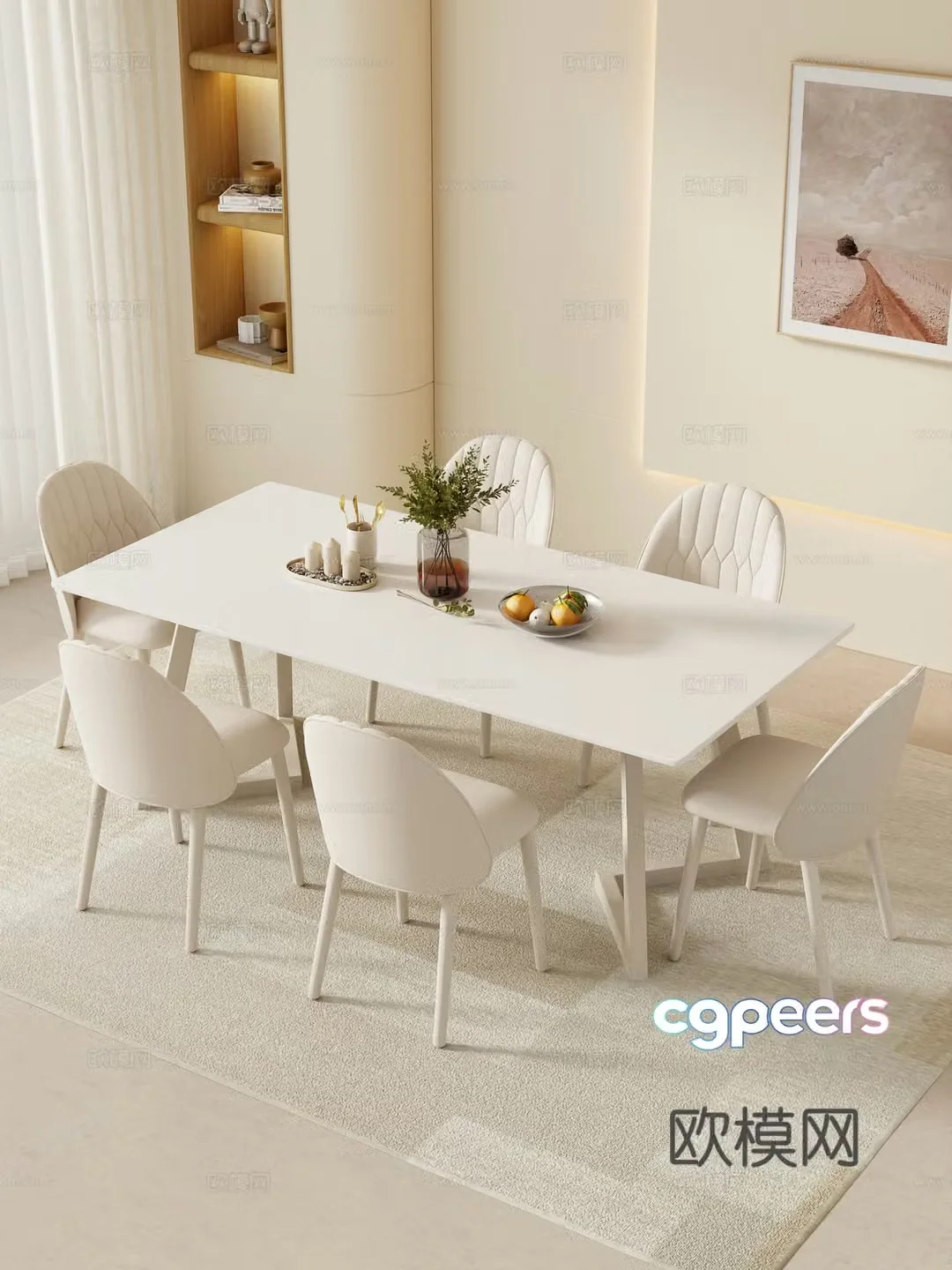 Restaurant Dining table and chair combination Rock table hanging paintings Decoration 3D model