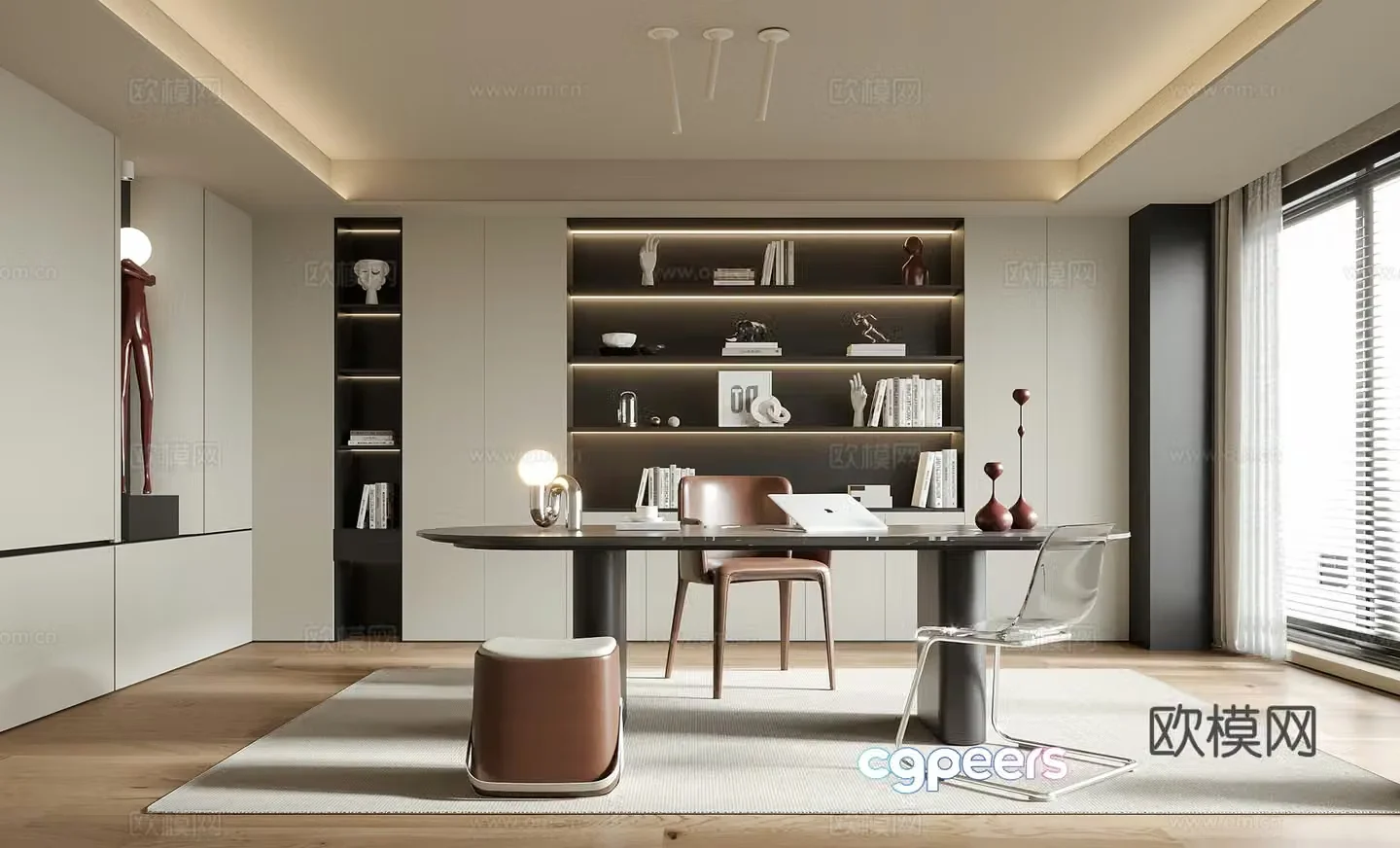Modern study desk chair stool bookcase 3d model