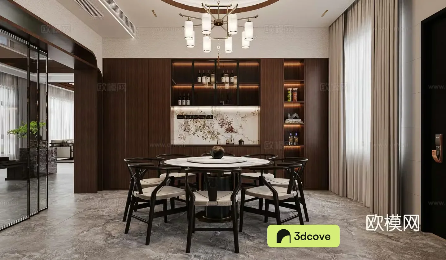 New Chinese restaurant Round dining table Wine cabinet Middle style restaurant New Chinese living restaurant Chandelier 3D model