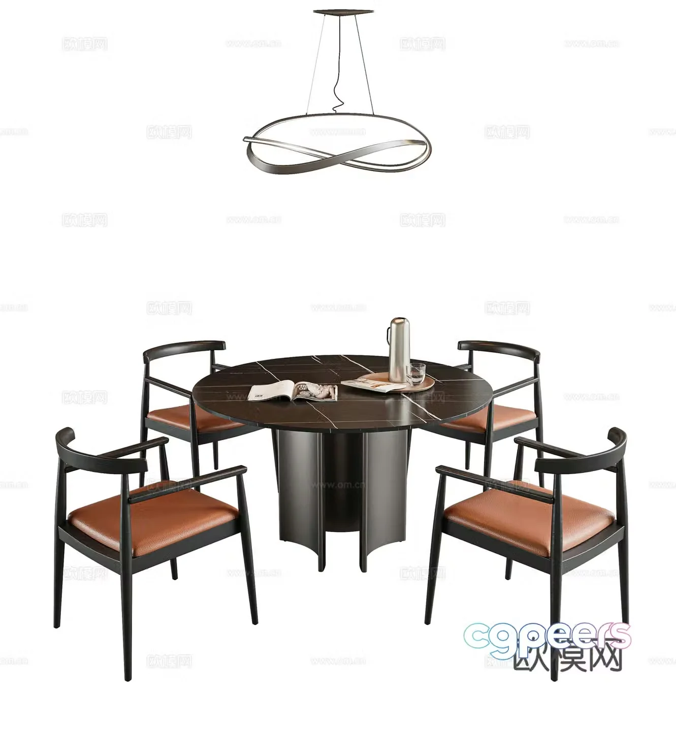 Dining table and chair combination Round dining table Four-person dining table Rock plate dining table Solid wood dining chair Single chair Book 3D model
