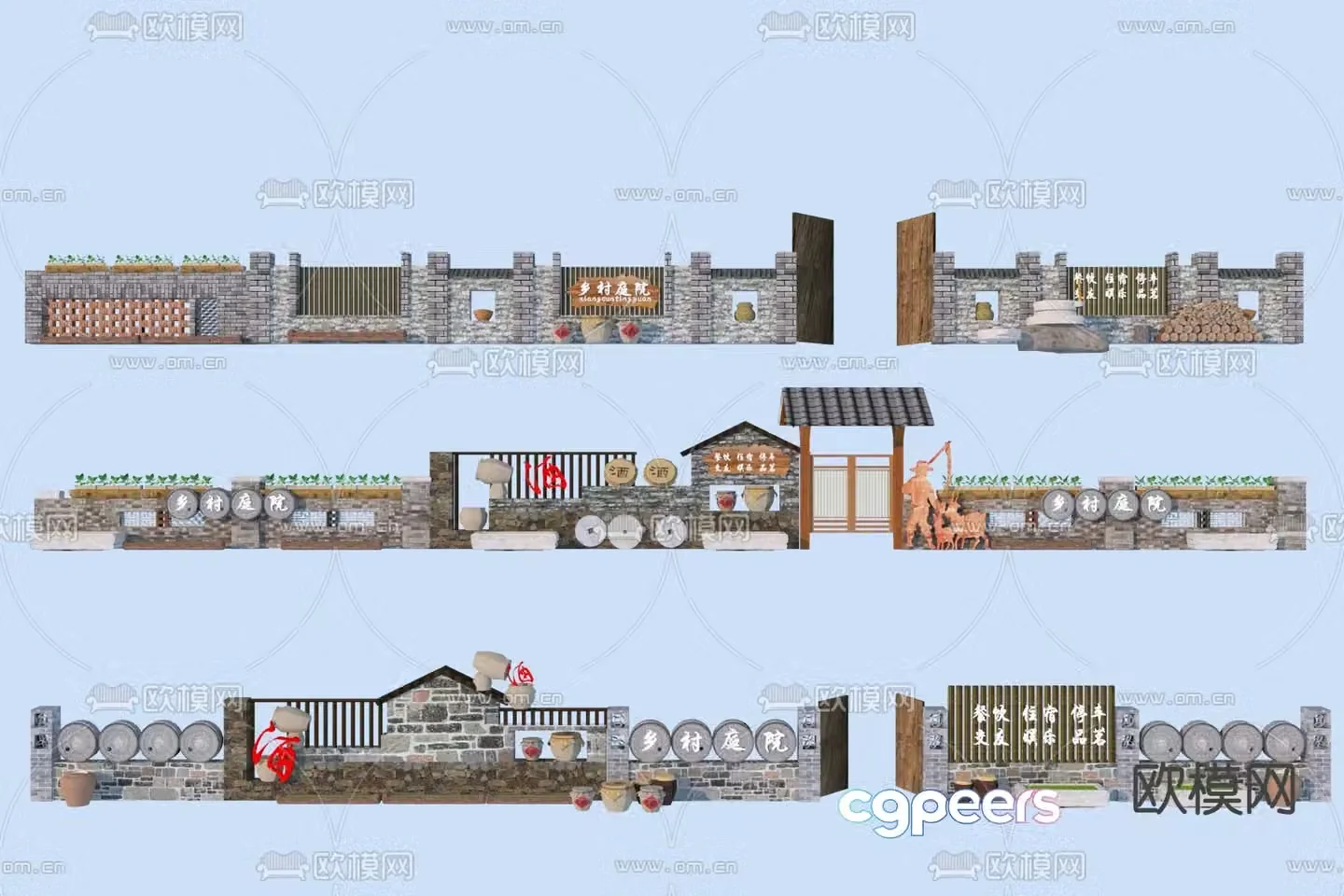 Rural landscape wall fence folk culture wall 3D model