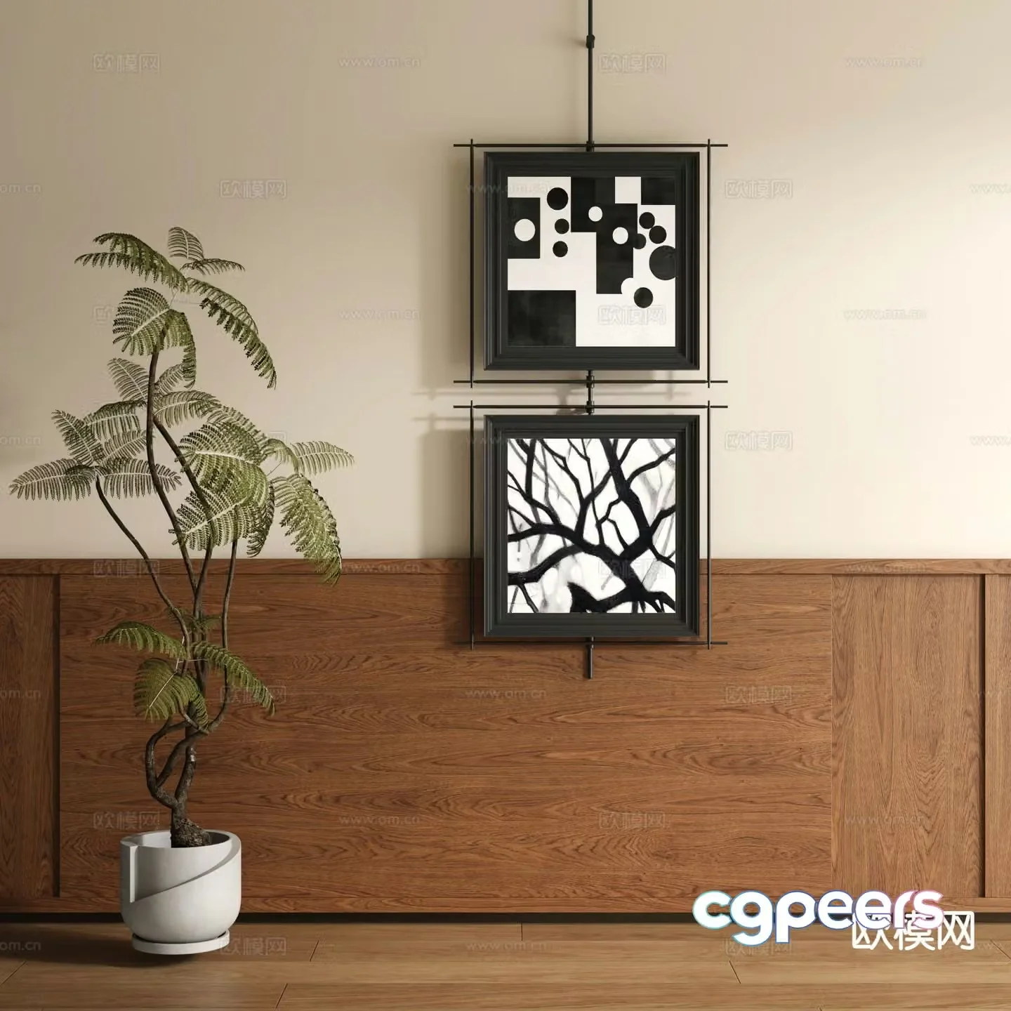 New Chinese style decorative painting metal pole hanging painting retro painting 3D model