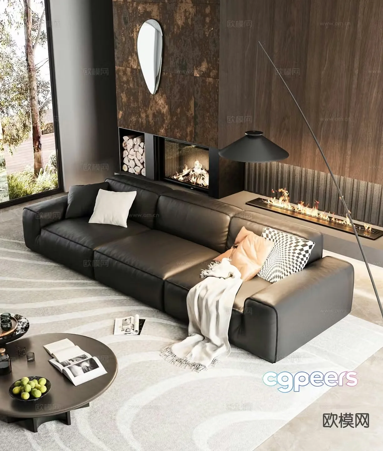 Black three seater sofa leather sofa 3d model