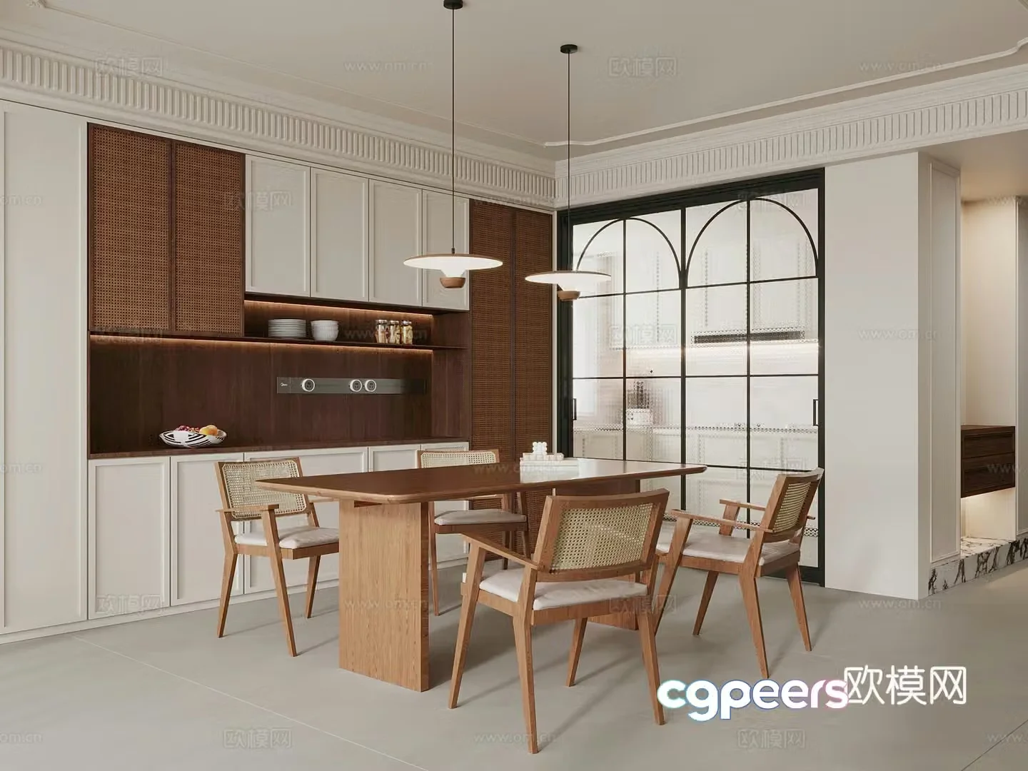 Middle-aged restaurant wine cabinet sideboard dining table and chair combination 3D model