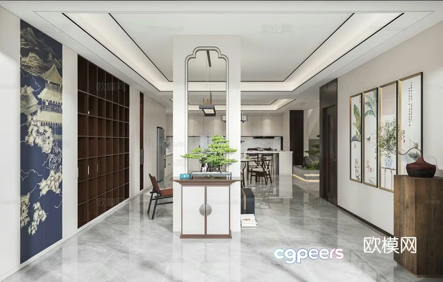 New Chinese style living room tea room tea cabinet staircase 3d model