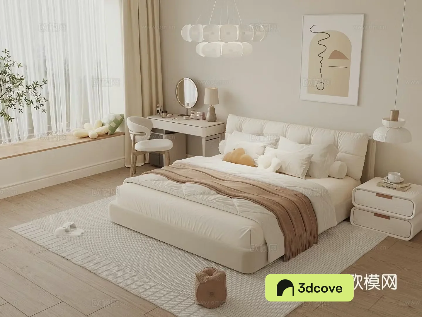 Modern creamy bedroom bay window sill bedroom dressing table double bed bedside table bay window mat