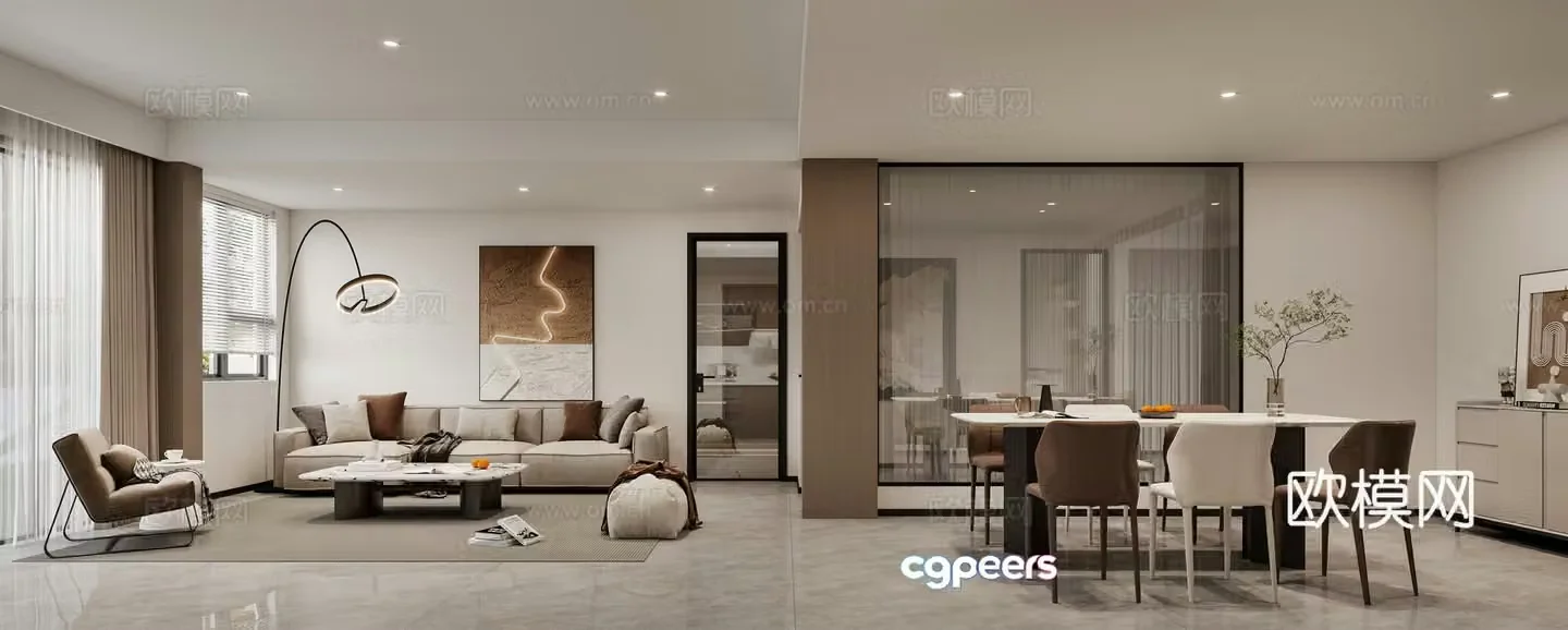 Modern living and dining room 3d model