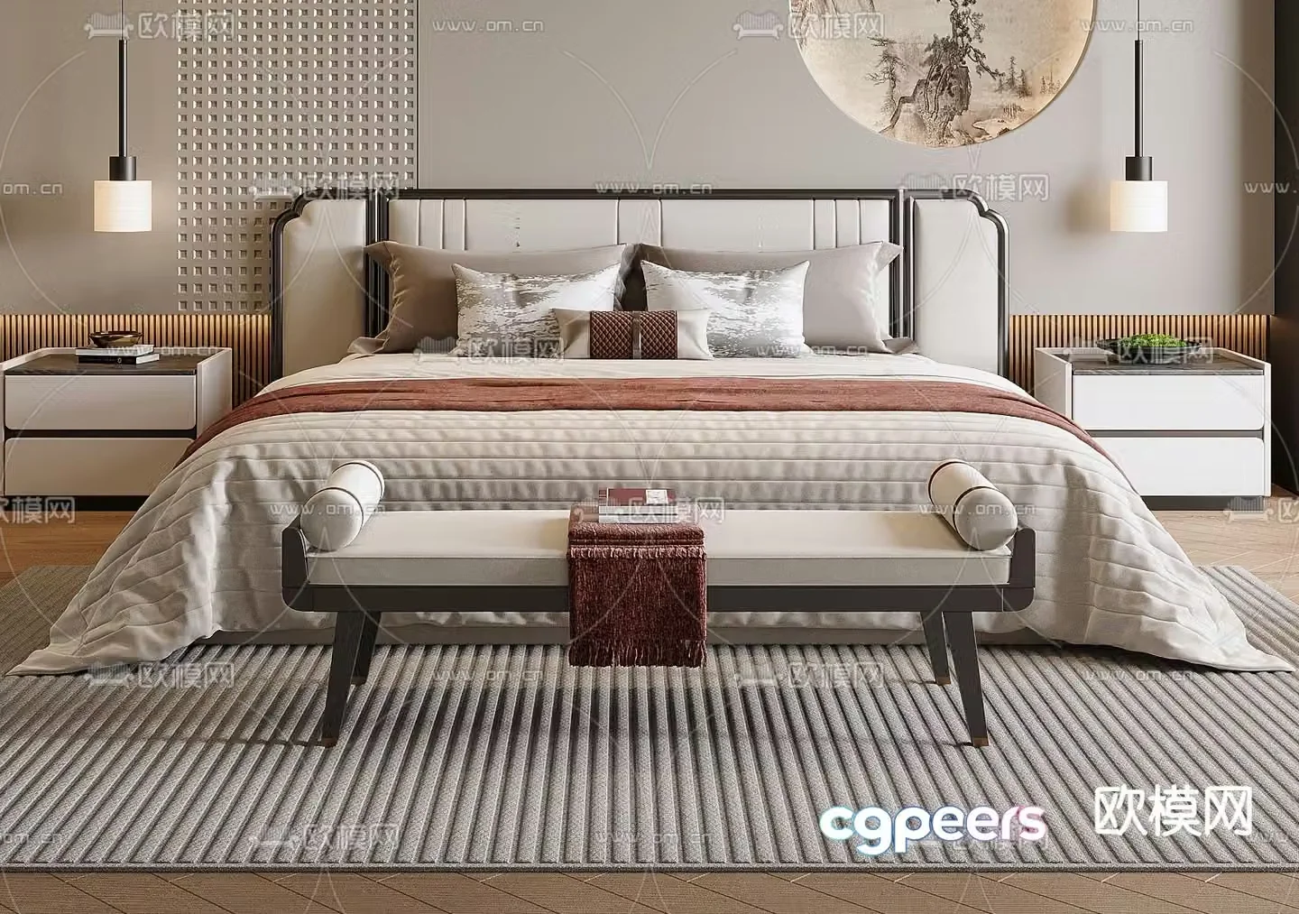 New Chinese style double bed 3d model