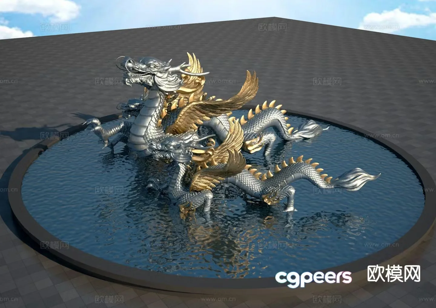 Chinese style golden dragon sculpture flying dragon sculpture 3d model