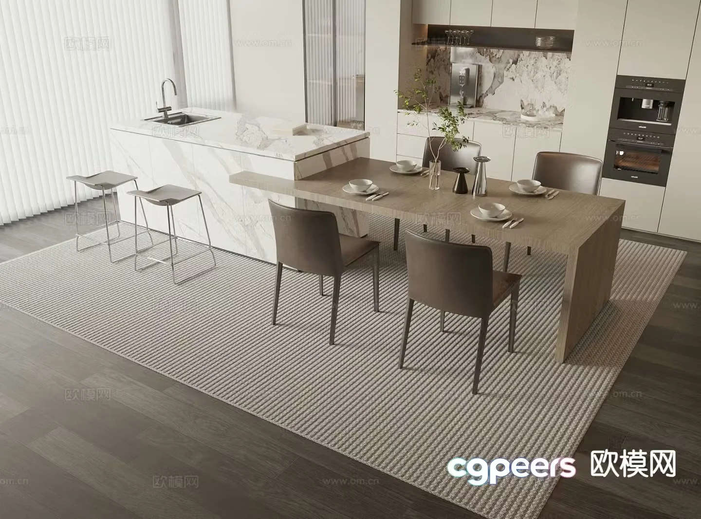 Modern island table dining table and chairs 3d model