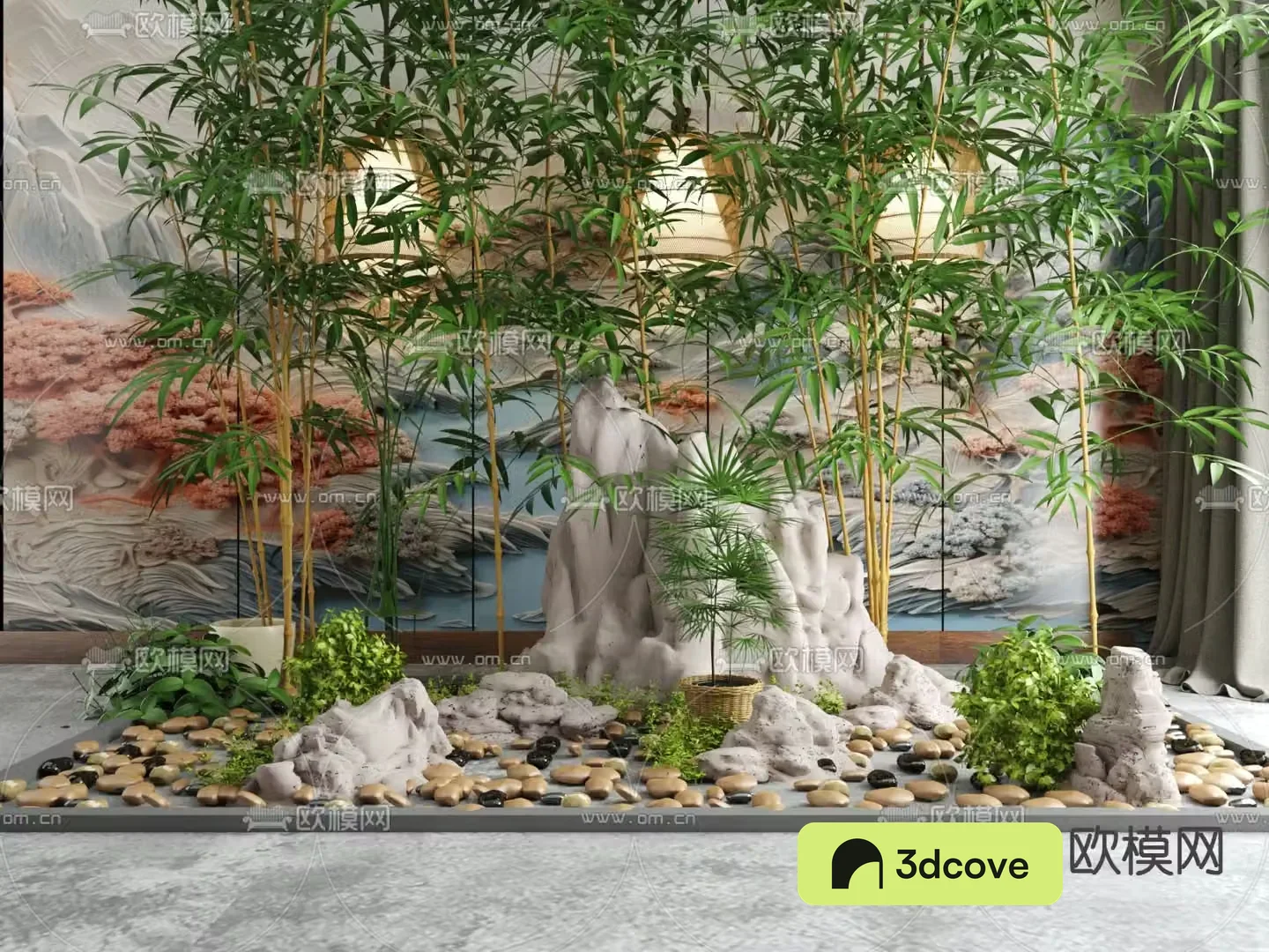 New Chinese style courtyard landscape sketch green bamboo rockery