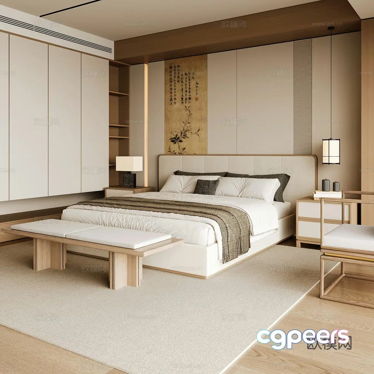 New Chinese style home bedroom Song family aesthetic bedroom Song style bedroom New Chinese style double bed New Chinese 3D model