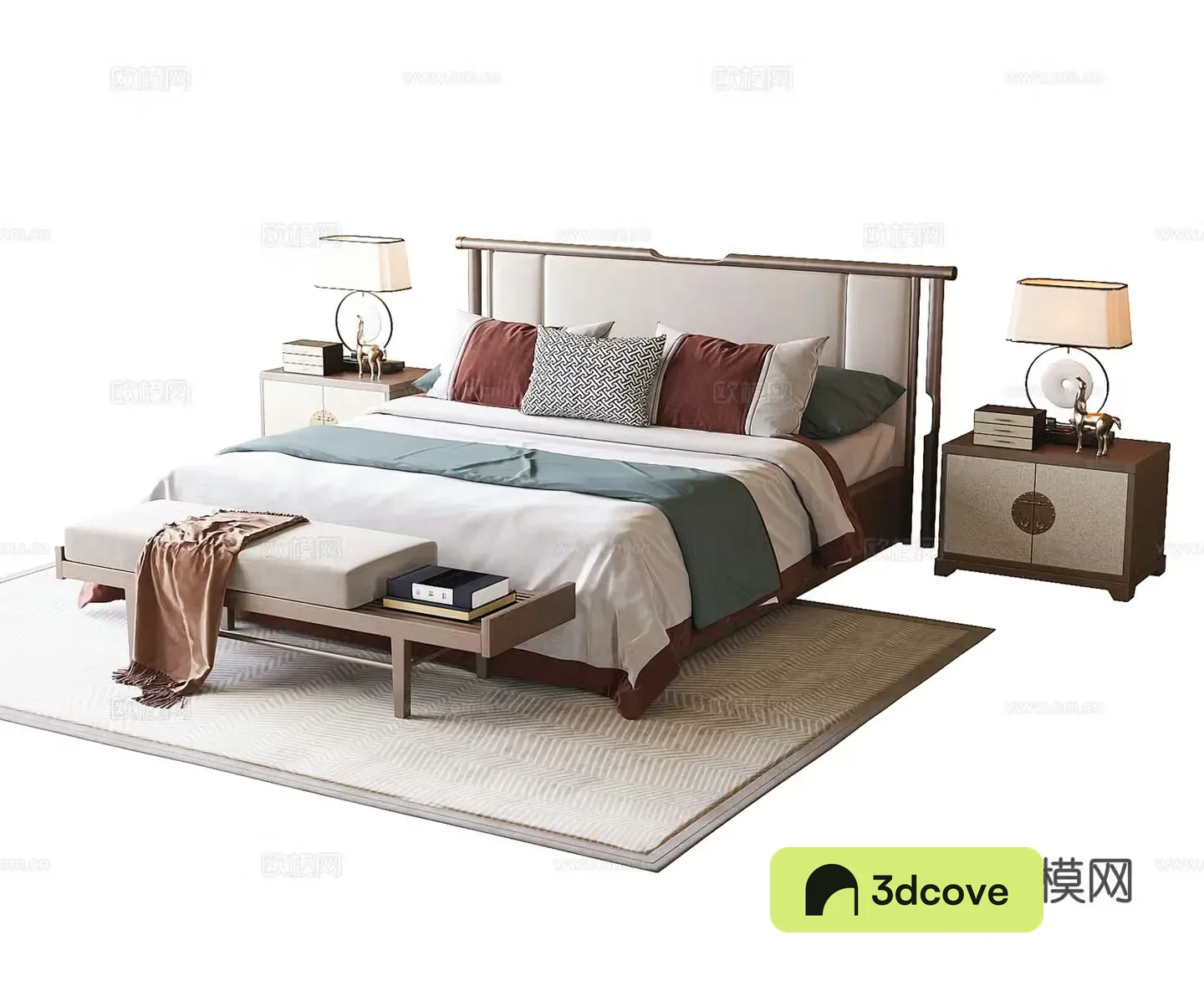 New Chinese style double bed tail stool bedside table