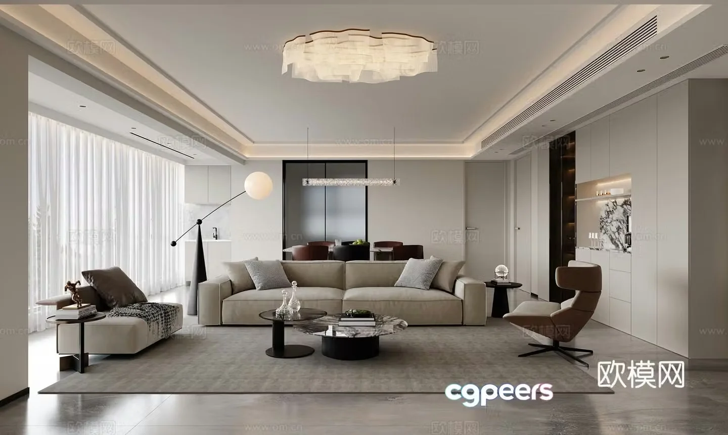 Modern living and dining room 3d model