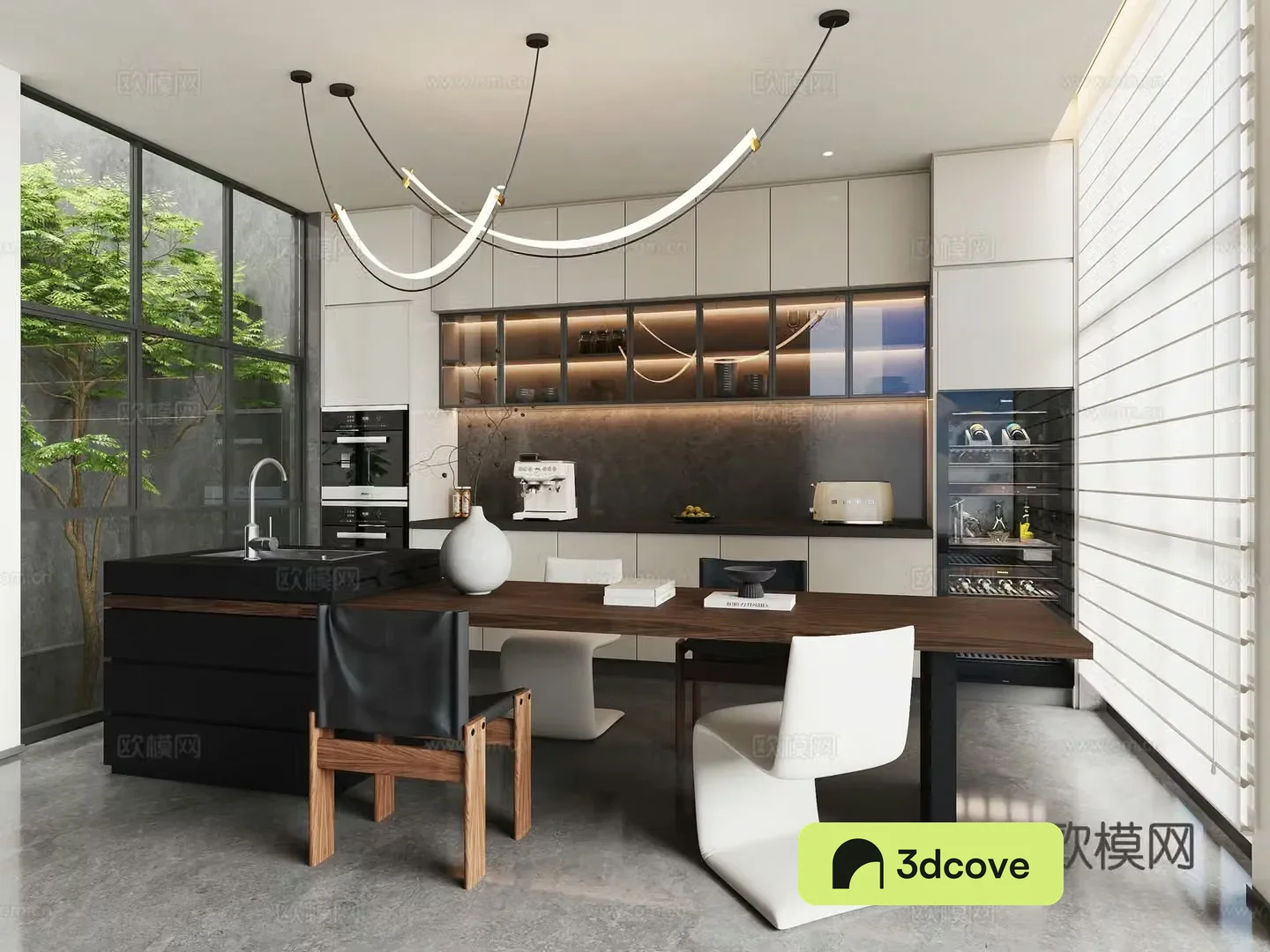 Modern Italian restaurant island dining table and chair combination open kitchen curtain cabinet