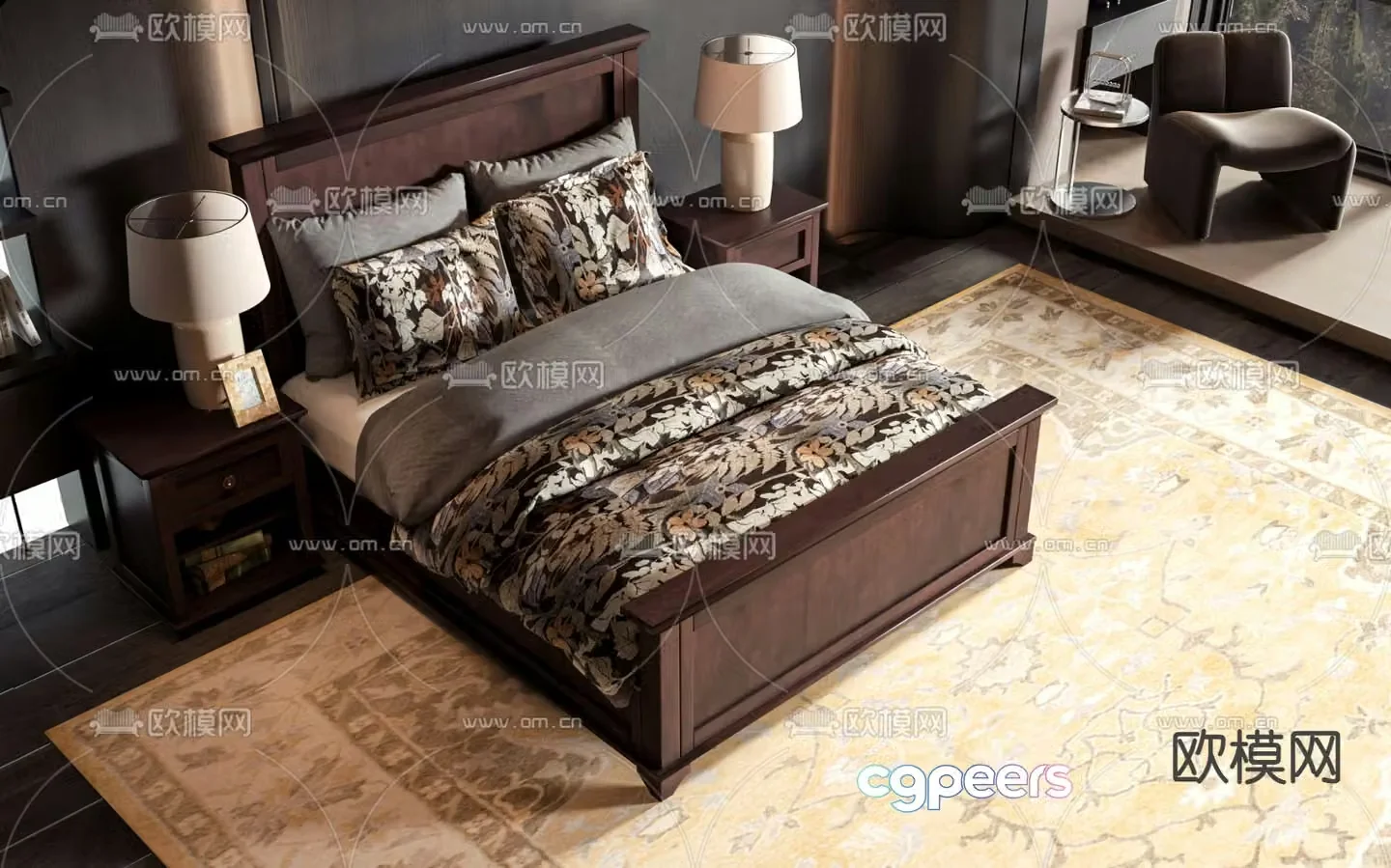 American double bed 3d model