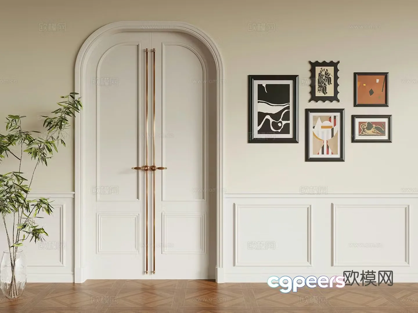 French double door wall skirt wall panel green plants hanging painting 3d model