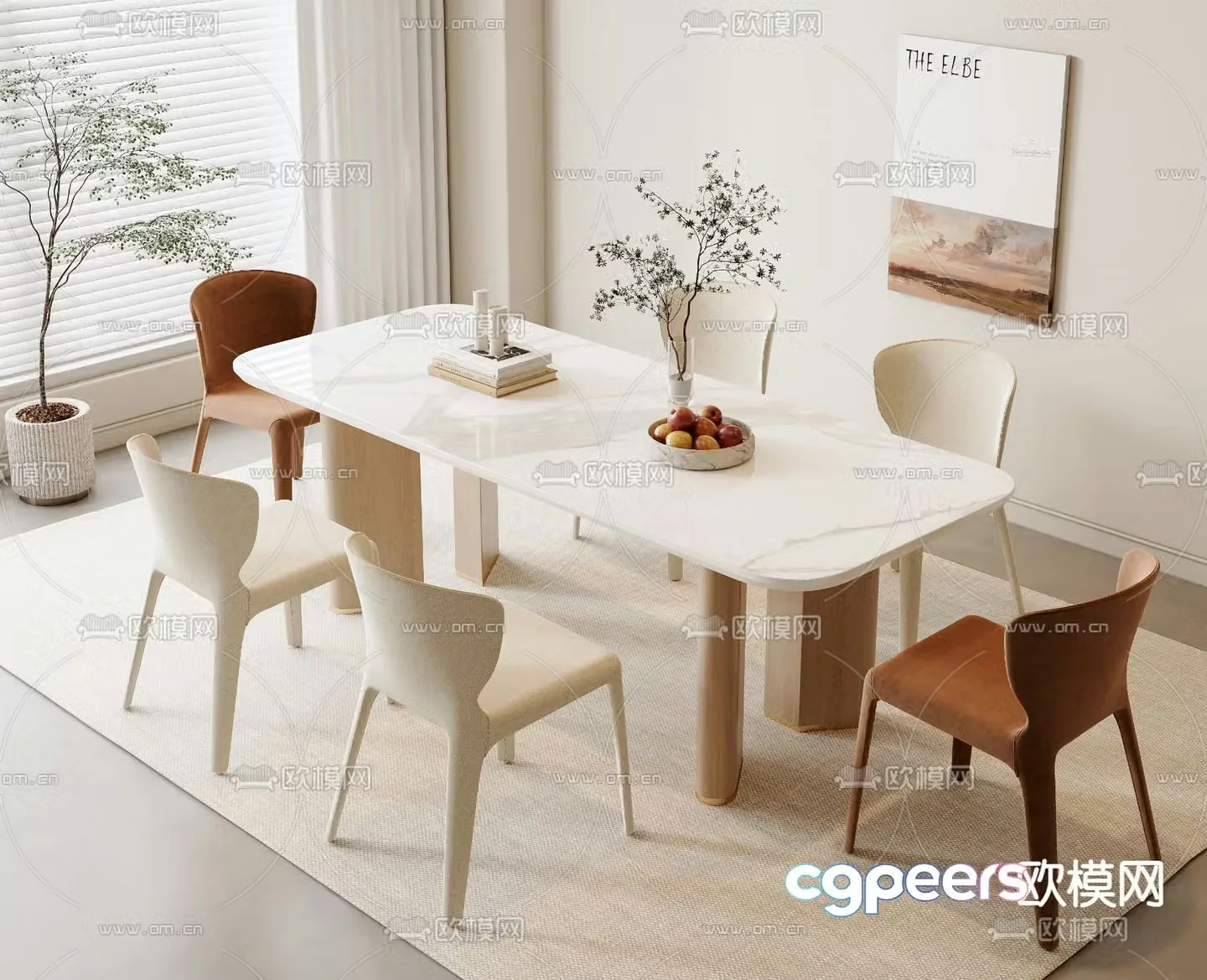 Cream style dining table and chairs slate dining table 3D model