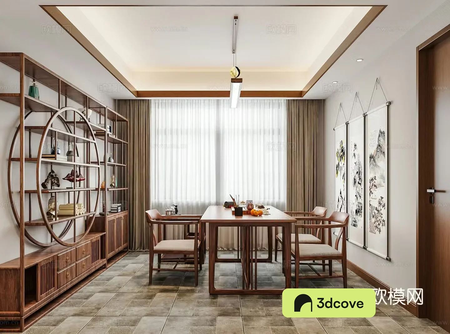 New Chinese style Chinese tea room Tea table and chairs Bo Gu shelves Chinese flower and bird painting Tea room cabinet Tea