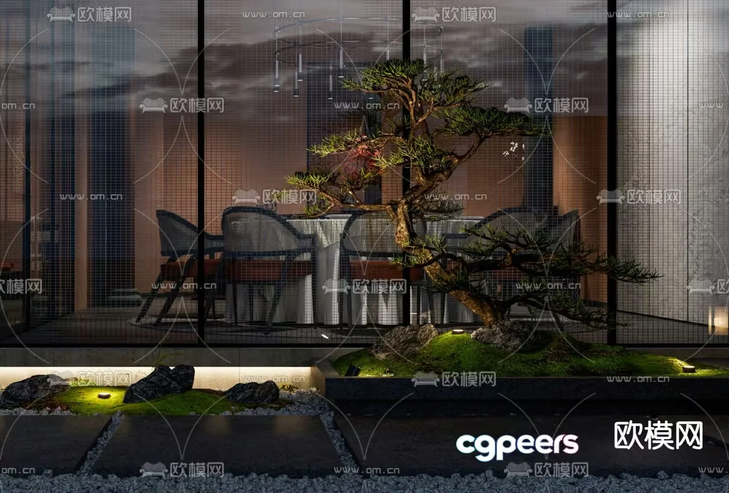 Courtyard landscape sketch pine tree landscaping 3D model
