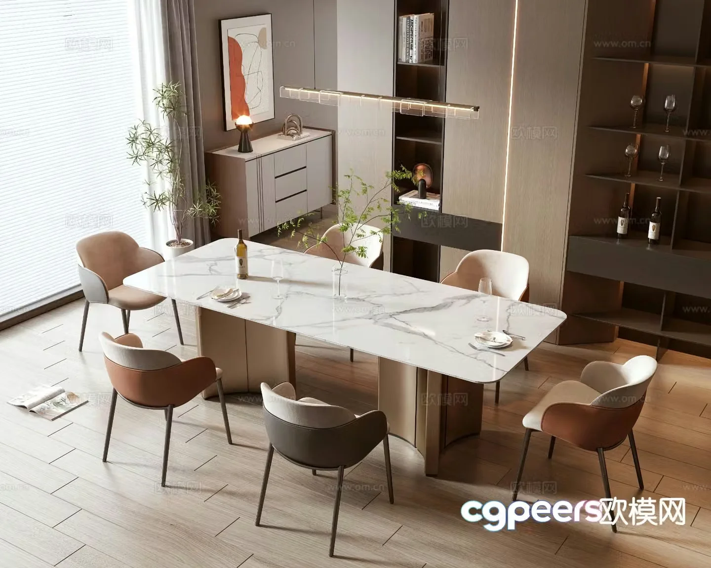 Italian dining table and chairs marble dining table 3d model