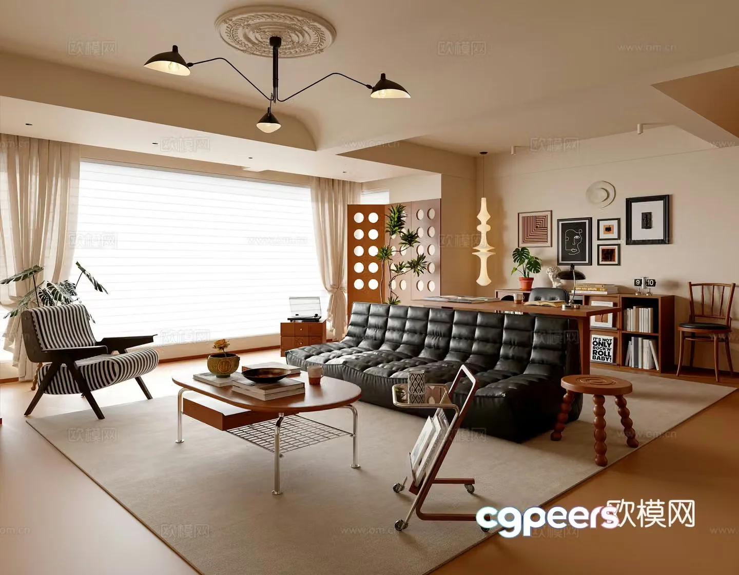 Modern medieval style living room sofa and coffee table combination desk and chair bookshelf living room and study 3D model