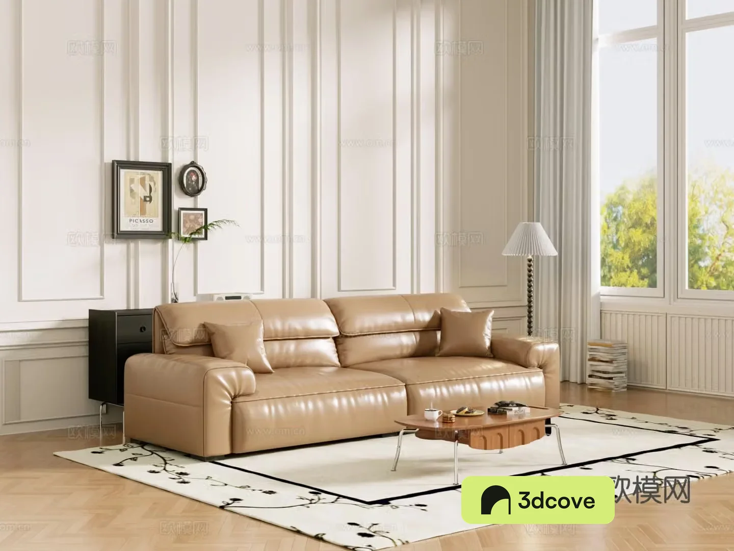 Middle-aged sofa combination coffee table carpet multi-person sofa 3D model
