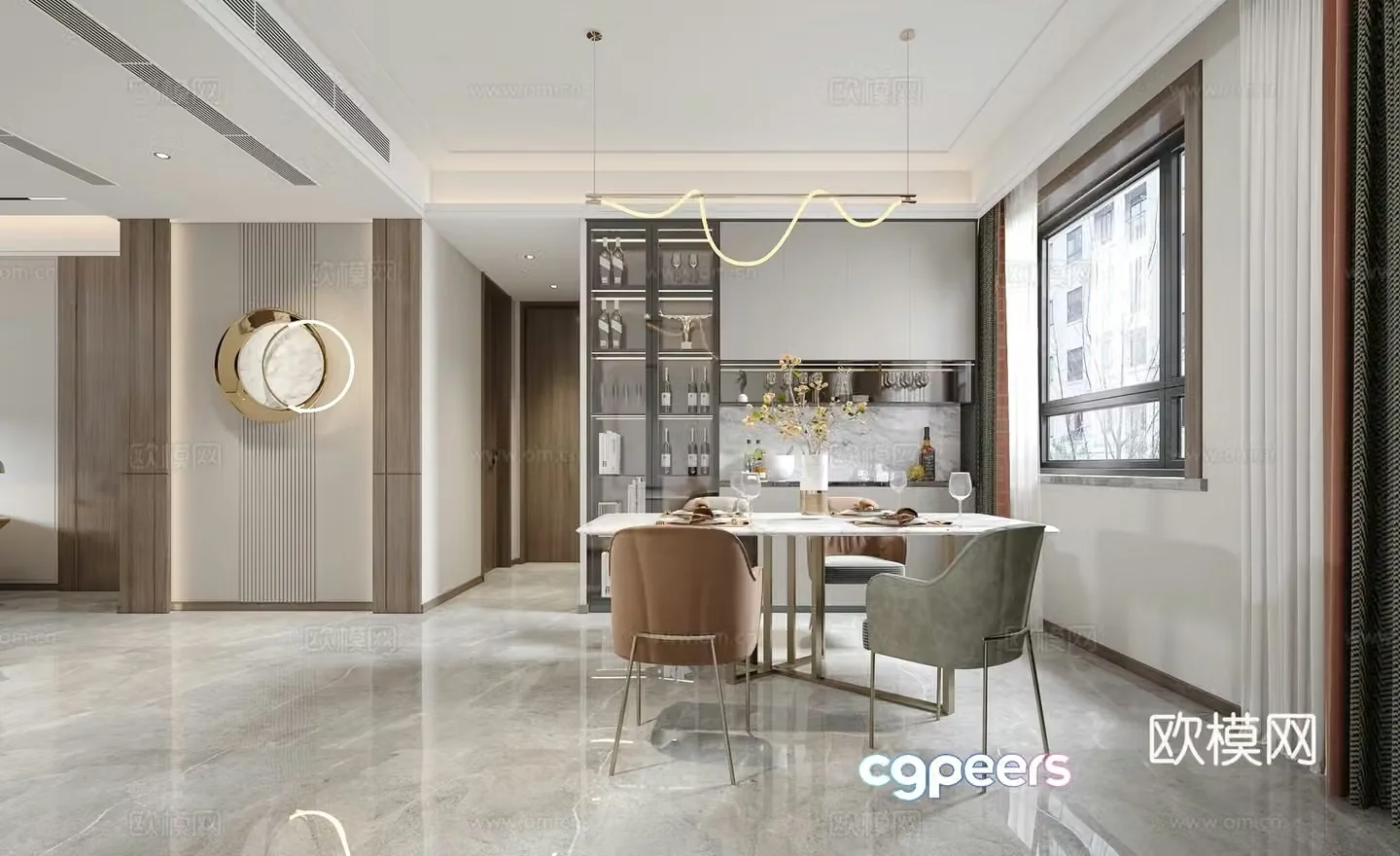 Modern large flat living and dining room 3D model