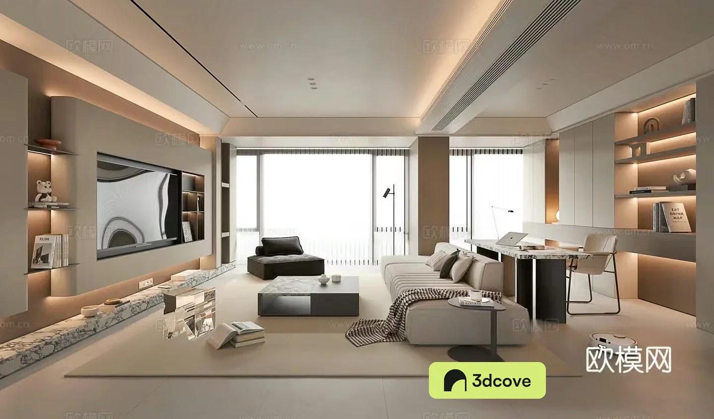 Modern style living and dining room without owner lights Living room and study integrated 3d model