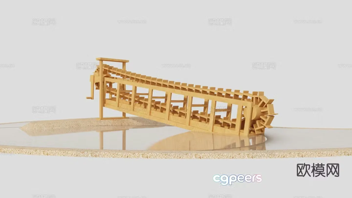 Ancient hand-operated waterwheel irrigation equipment 3D model