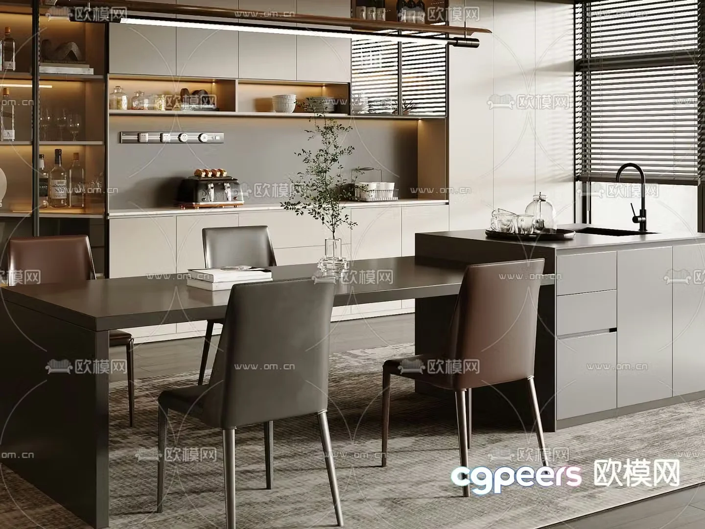 Modern dining table and chairs island table 3d model