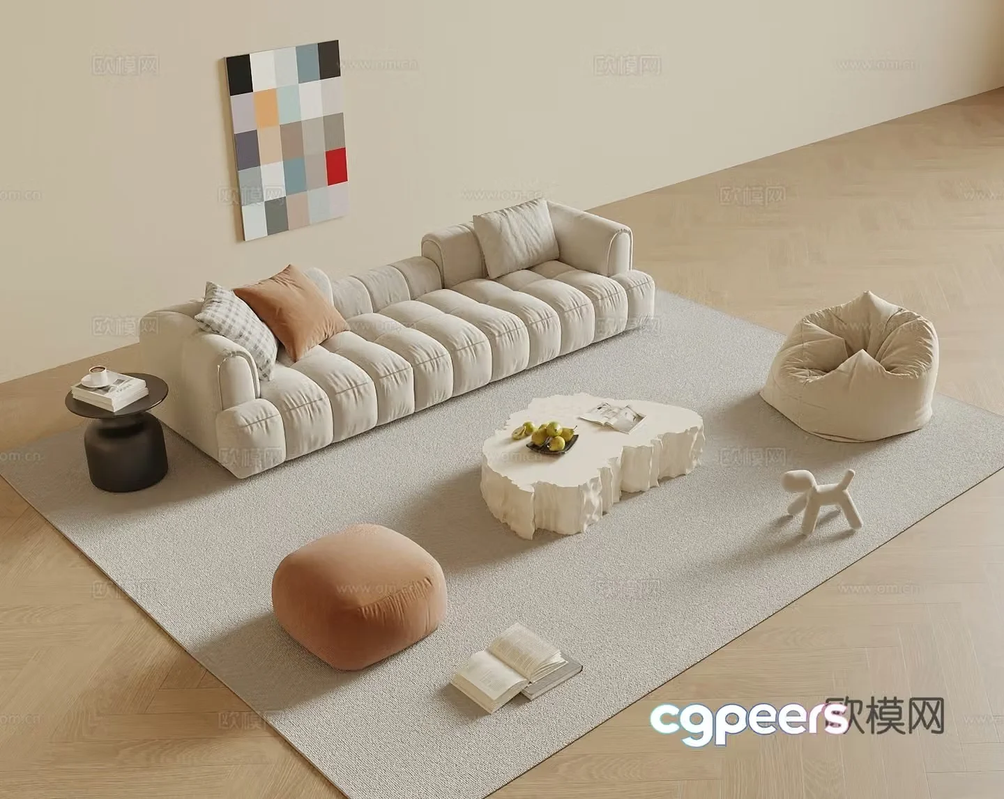 Modern cream style sofa coffee table combination 3D model