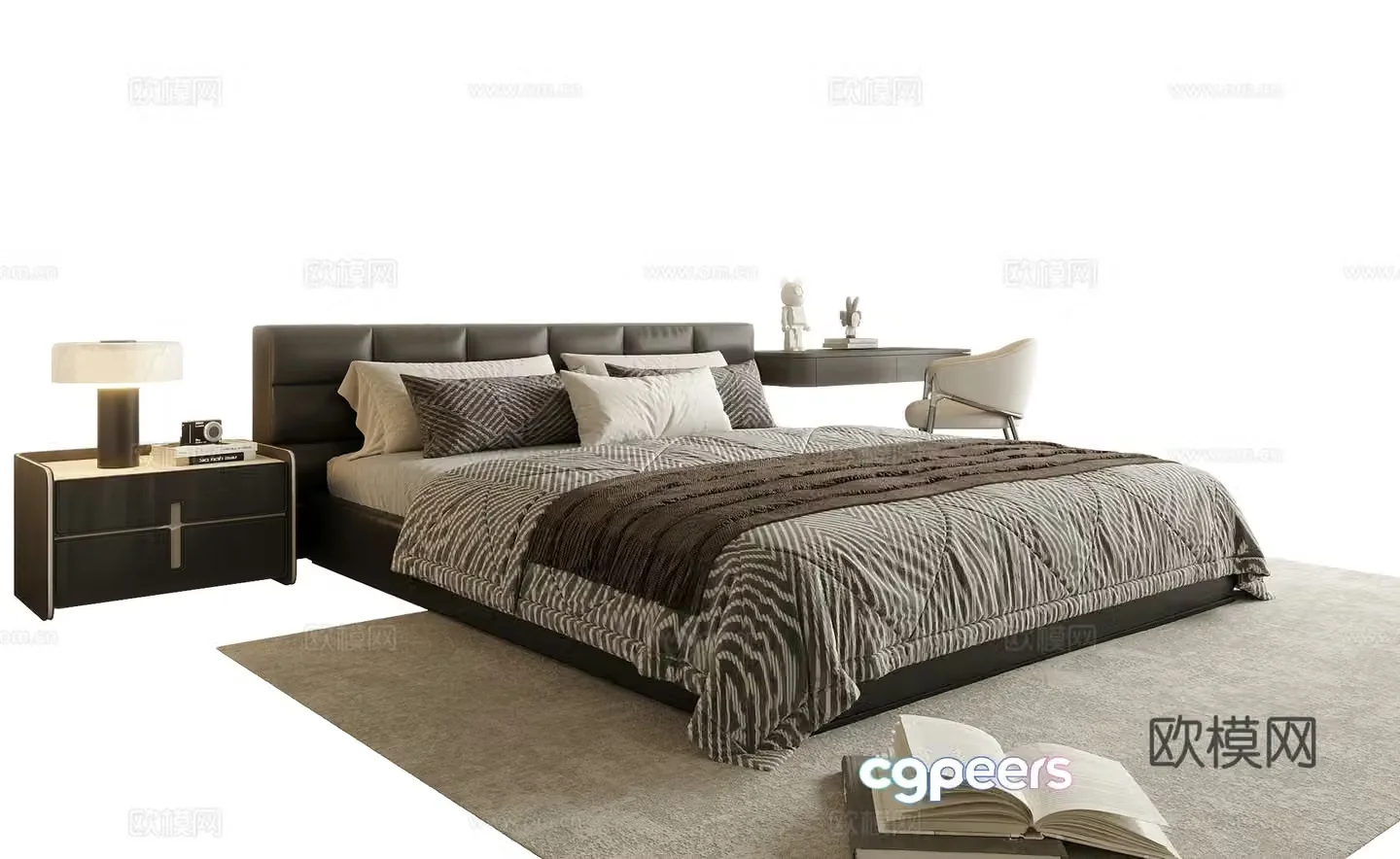 Modern double bed desk chair bedside table 3d model