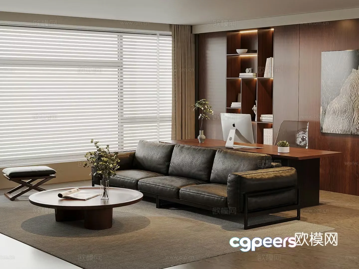 American medieval living room leather sofa and coffee table combination solid wood desk and chair solid wood bookcase 3D model