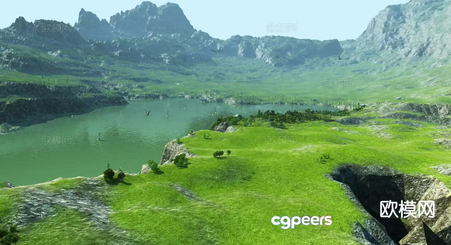 Modern lake mountain forest natural landscape 3d model