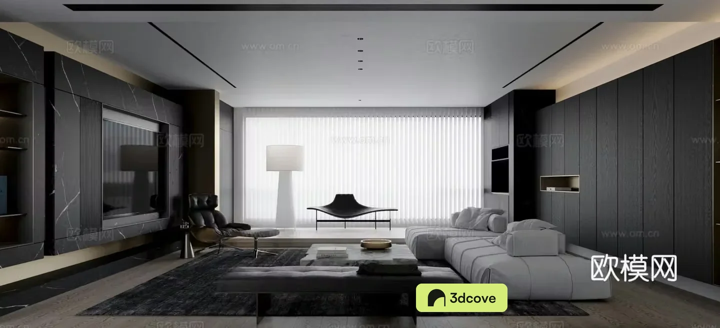 Modern living room black and white and gray living room sofa and coffee table carpet floor lamp