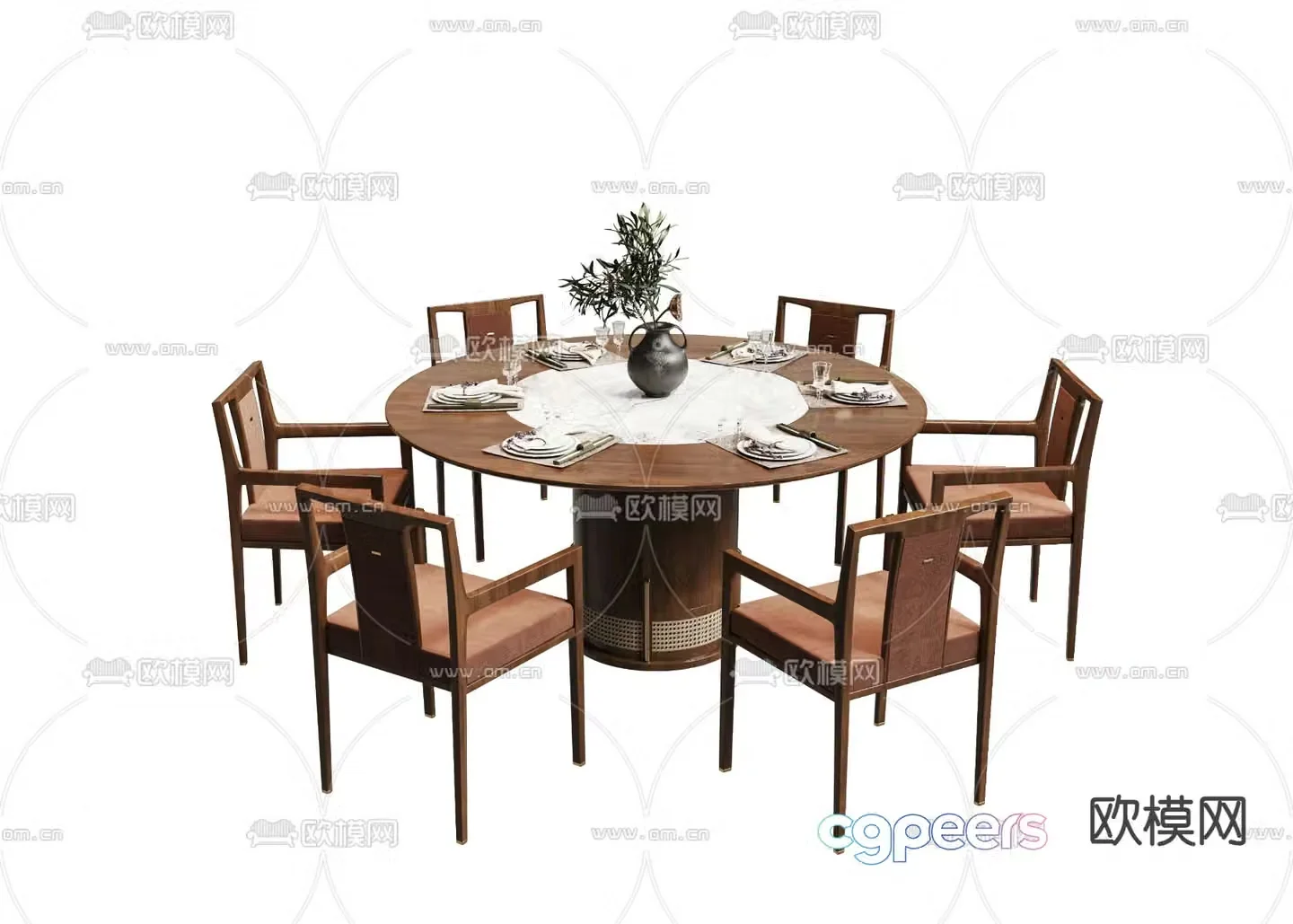 New Chinese dining table and chairs Round dining table 3D model