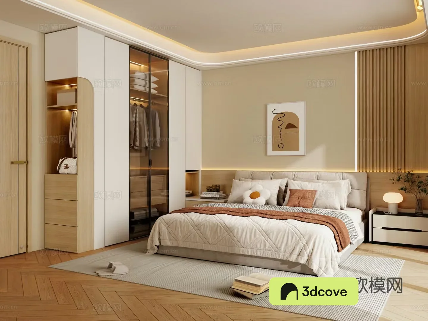 Modern log style bedroom double bed bedroom door glass door wardrobe