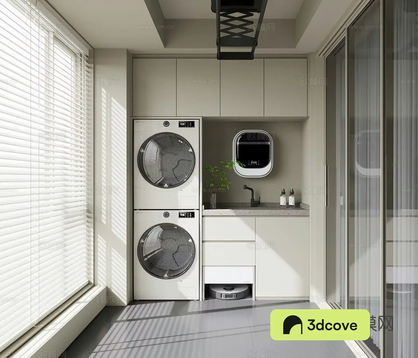 Modern balcony washing machine cabinet clothes drying rack sweeping robot