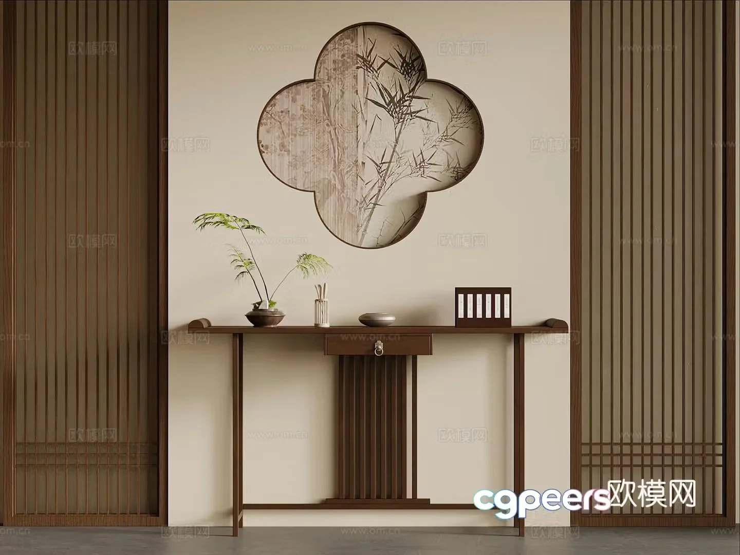 New Chinese style entrance cabinet end view cabinet background wall 3D model