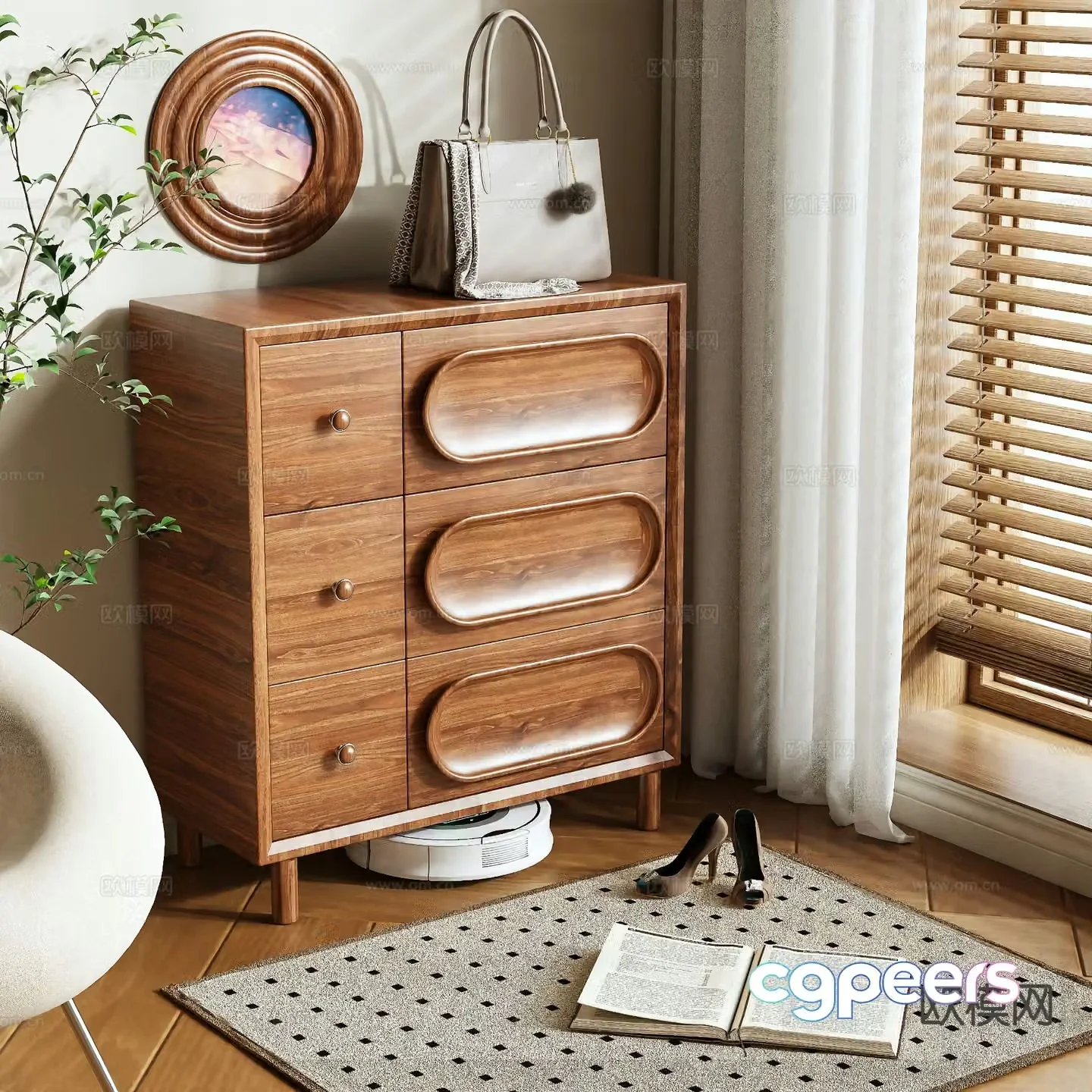 Log style shoe cabinet low cabinet 3d model