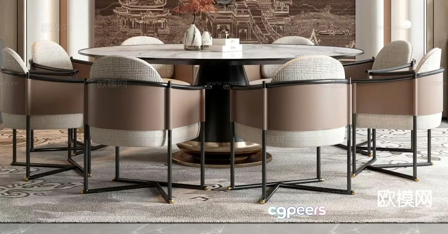 New Chinese style dining table and chairs round dining table 3d model