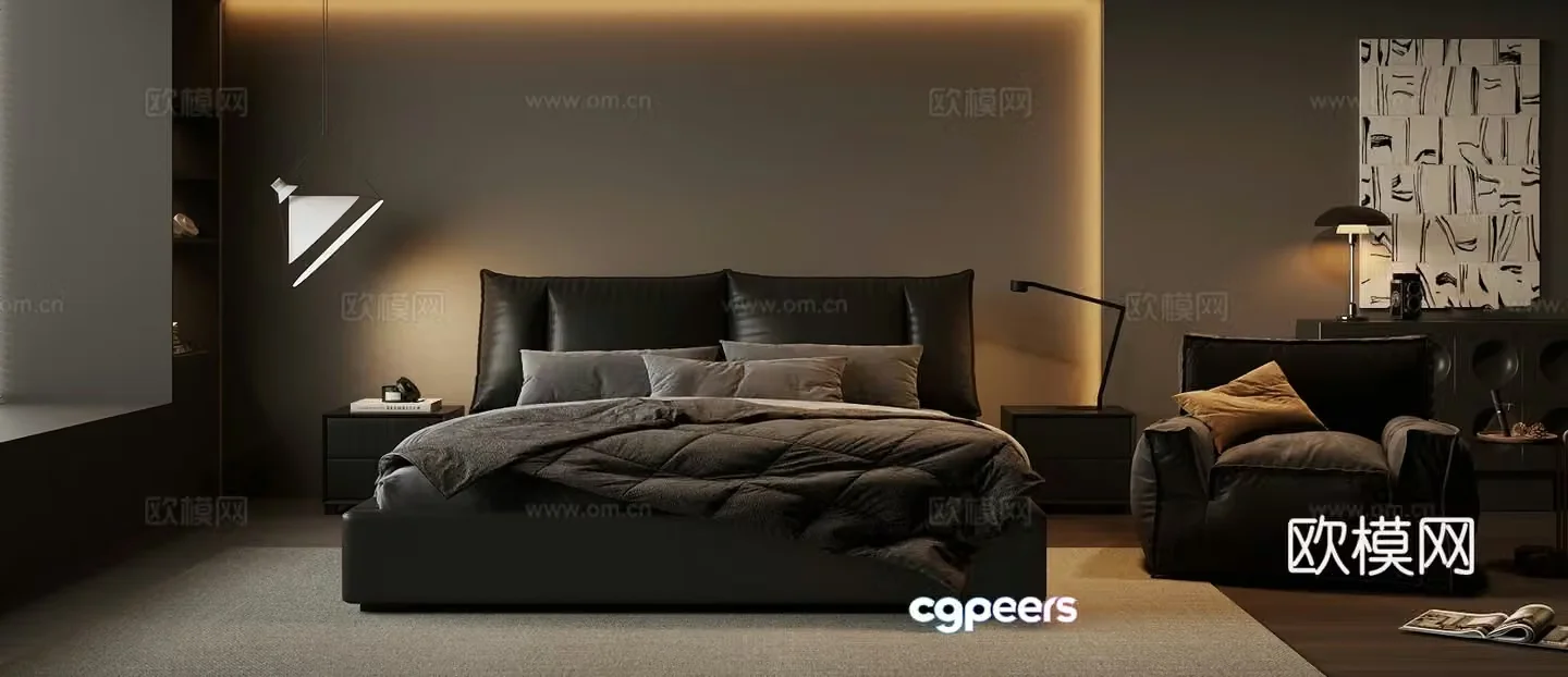 Modern black double bed 3d model