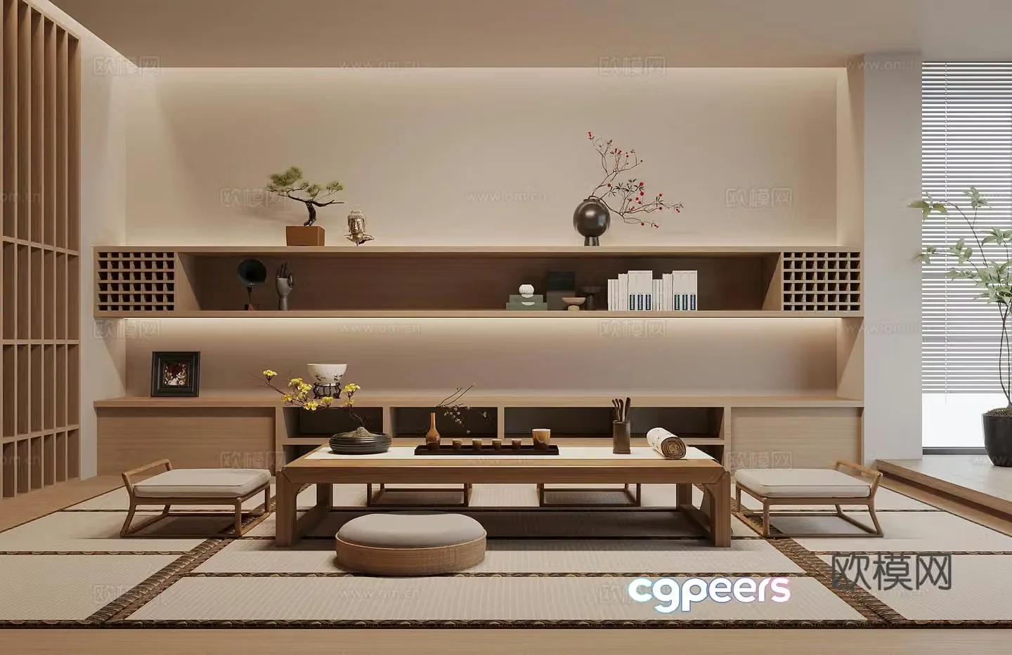 Middle-aged tea room tea tasting area Japanese tea room tatami tea room tatami tea table and chair teapot 3D model