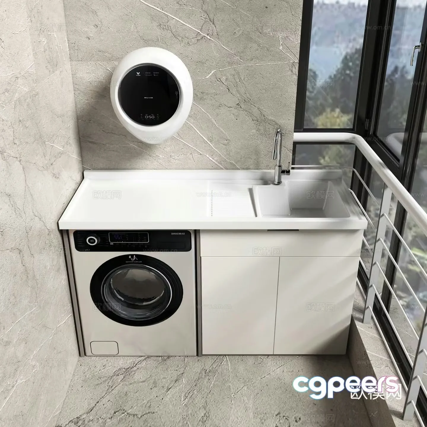 Balcony cabinet washing machine floor-to-ceiling window 3d model