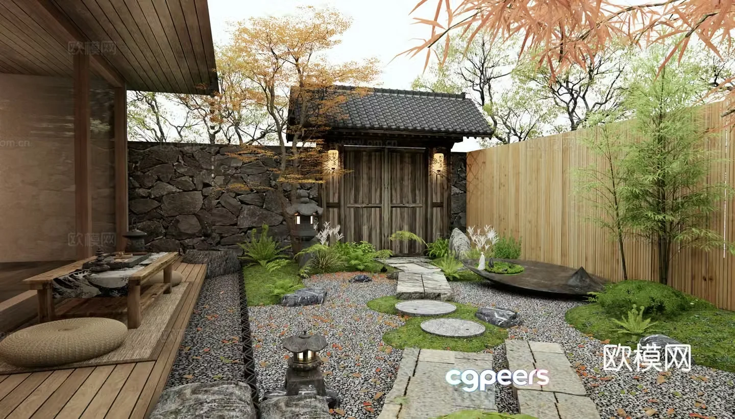 Japanese style courtyard landscape bluestone slab moss landscape courtyard gate landscape tree 3d model