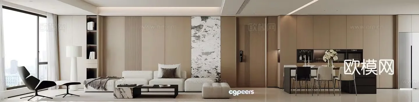 Modern minimalist home living and dining room 3D model