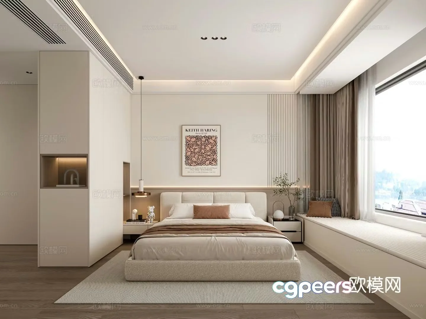 Modern bedroom Creamy bedroom Balancing window booth fabric bed wooden bedside cabinet desk one-piece wardrobe chair table 3D model