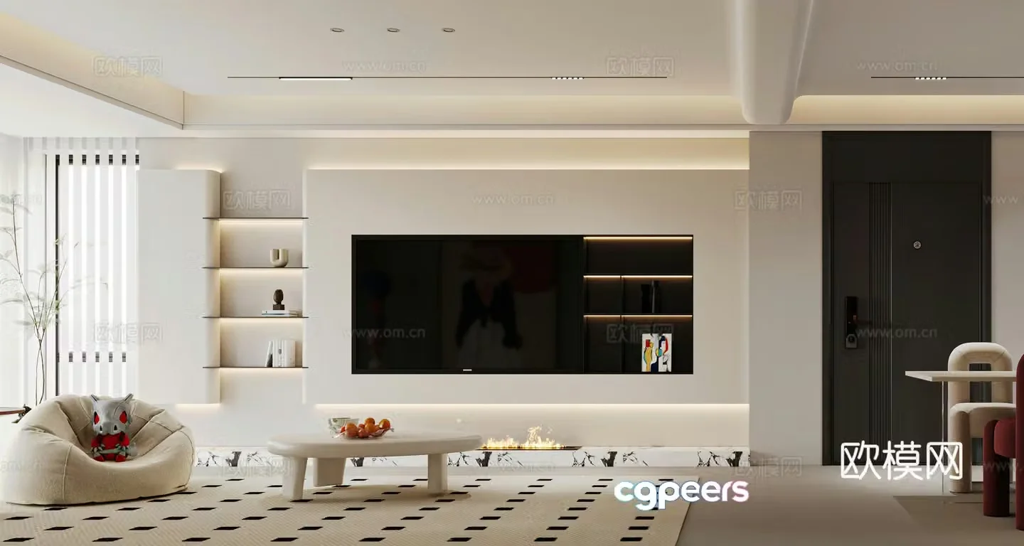Modern living and dining room TV background wall fireplace lazy sofa TV background wall island 3d model